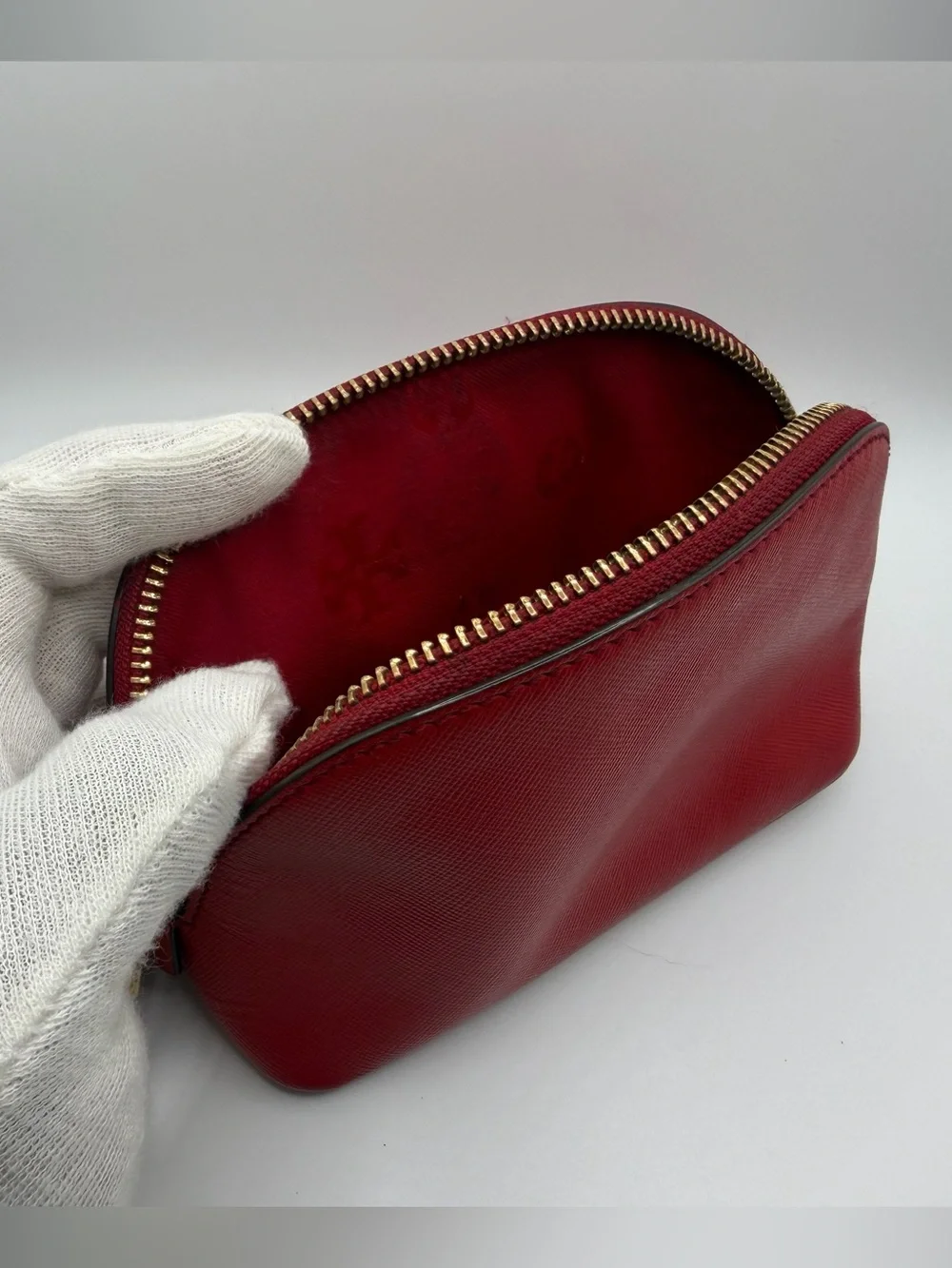 Tory Burch Robinson Small Red Saffiano Leather Makeup Bag
